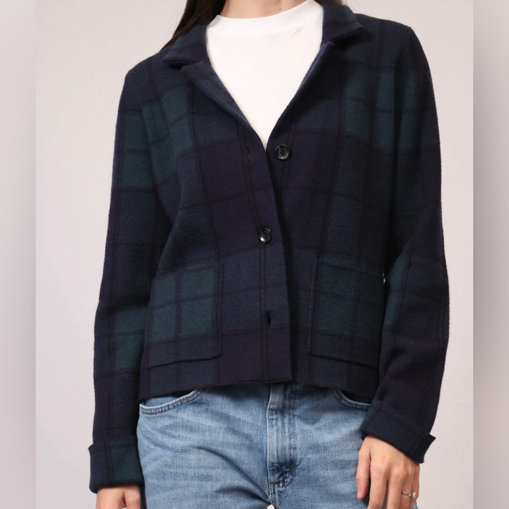 TAHARI Blue and Green Plaid Button Up Sweater / Blazer - Picture 7 of 7